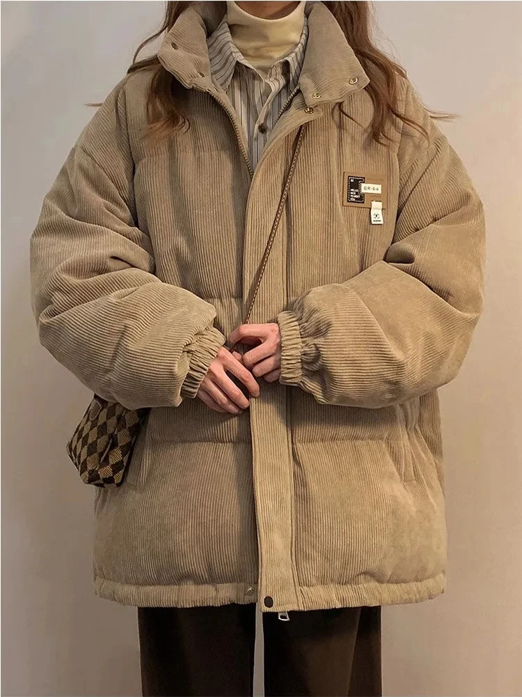 No Hat Parkas Women Solid Simple Corduroy Stand Collar Winter Keep Warm Front Pockets Korean-style All-match Office Ladies Cozy