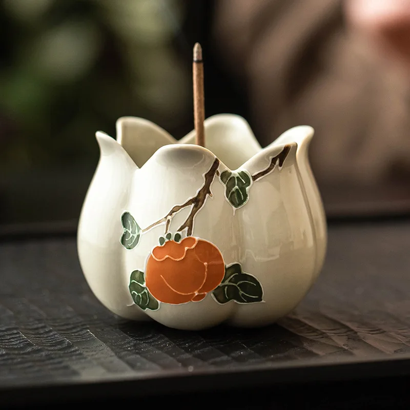 

LTT hand-painted ceramic incense insert persimmon Ruyi bloom incense burner household interior ornament