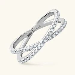 IOGOU Original Design X Cross Moissanite Rings Half Eternity Band with Certified 925 Sterling Silver Wedding Jewelry for Women