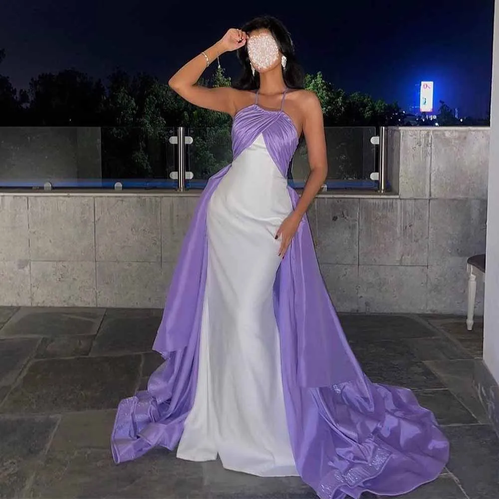 

Charming Dresses for Special Events 2025 Satin Sheath/Column Formal Evening Dress Purple and White Strapless Pleat Prom Dresses