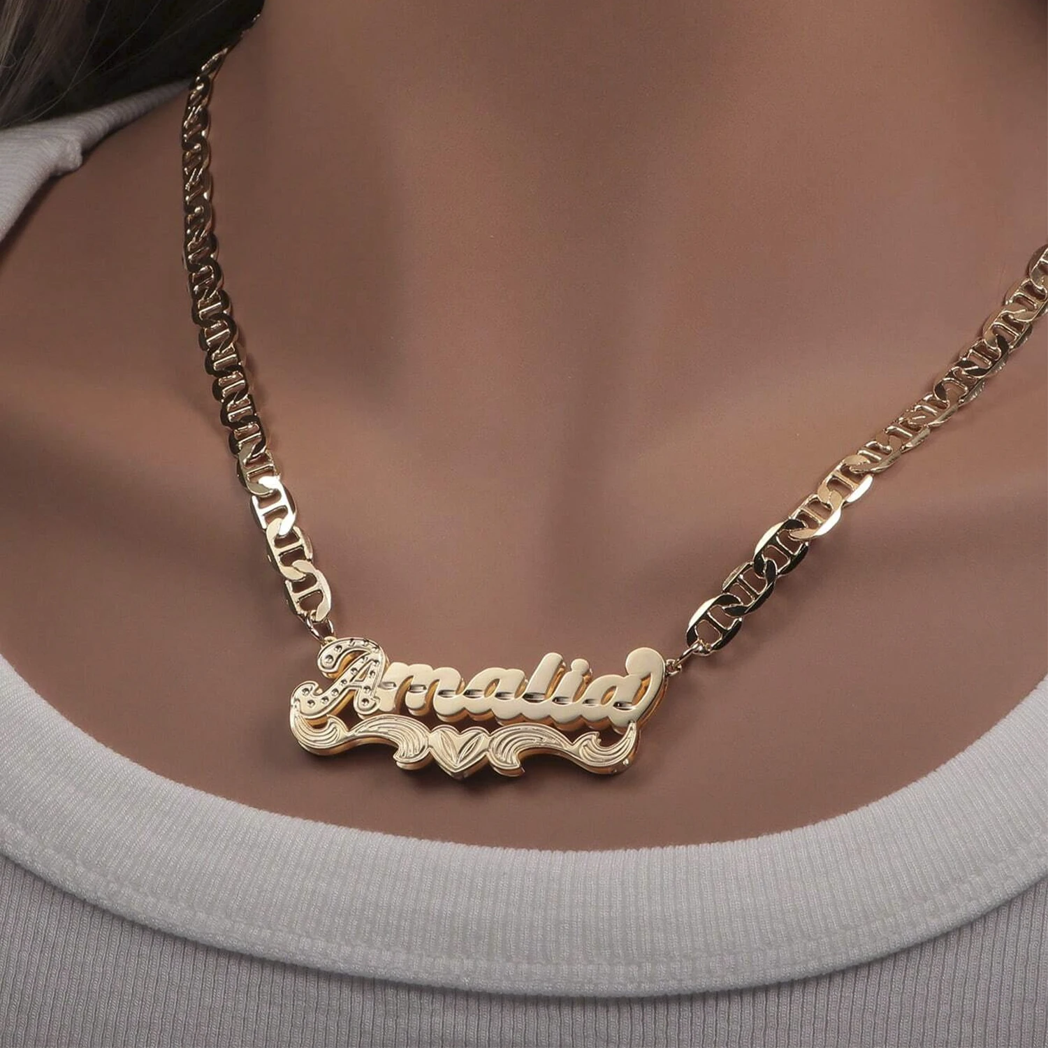 

18K Gold-Plated Double Layer 3D Nameplate Necklace Personalized Name & Heart Pendant Stainless Steel Jewelry for Women