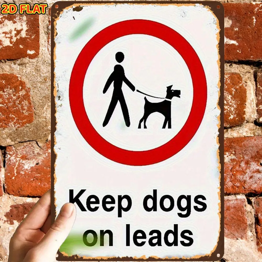 Dog Leash Sign, 2D Flat Metal Tin Plate with Pre-Drilled Holes, Vintage 