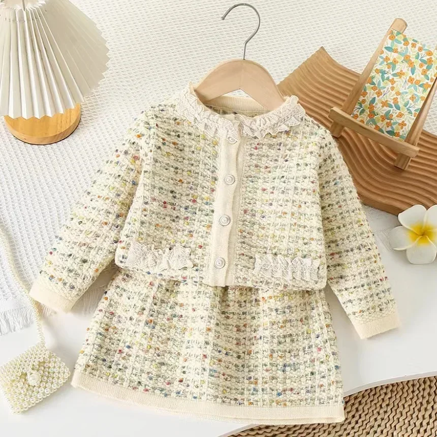 Childrens Sets Girl Sweater Autumn Winter New Baby Fashionable Knitting Two Pieces Korean Princess Skirt 2024 Simple