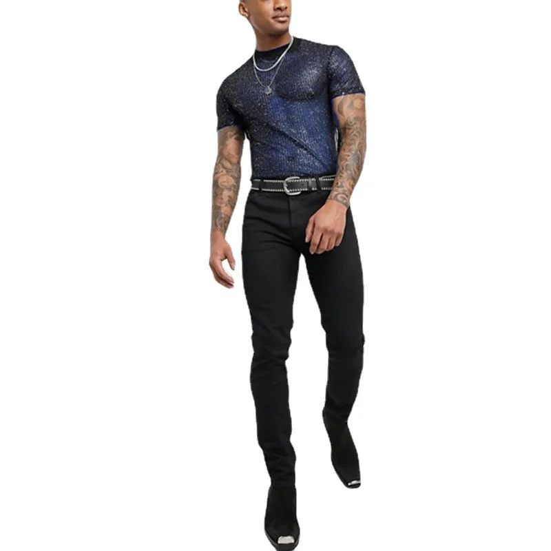 Sexy Men See Through Short Sleeve Top Sequin Transparent Mesh Shirts Gay Exotic Tops 2024 Night Party Y2k Chemise Stage Costume