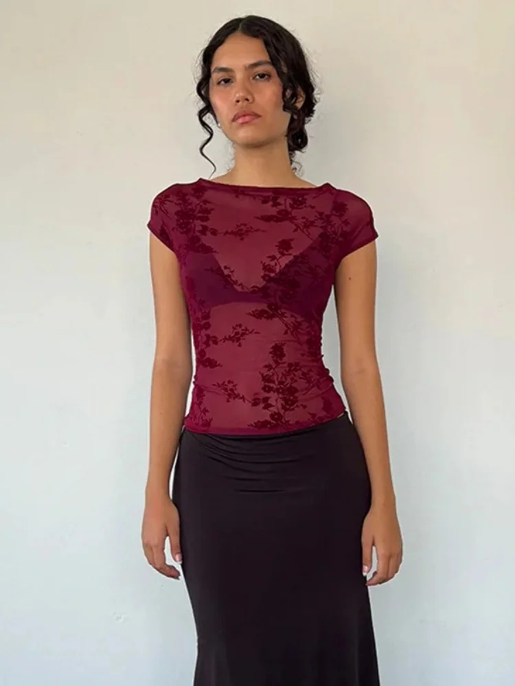 Floral Printing T Shirts For Women Streetwear Transparent Mesh Crop Top Y2k Clothes Short Sleeve Camisetas Slim Fit Ropa Mujer