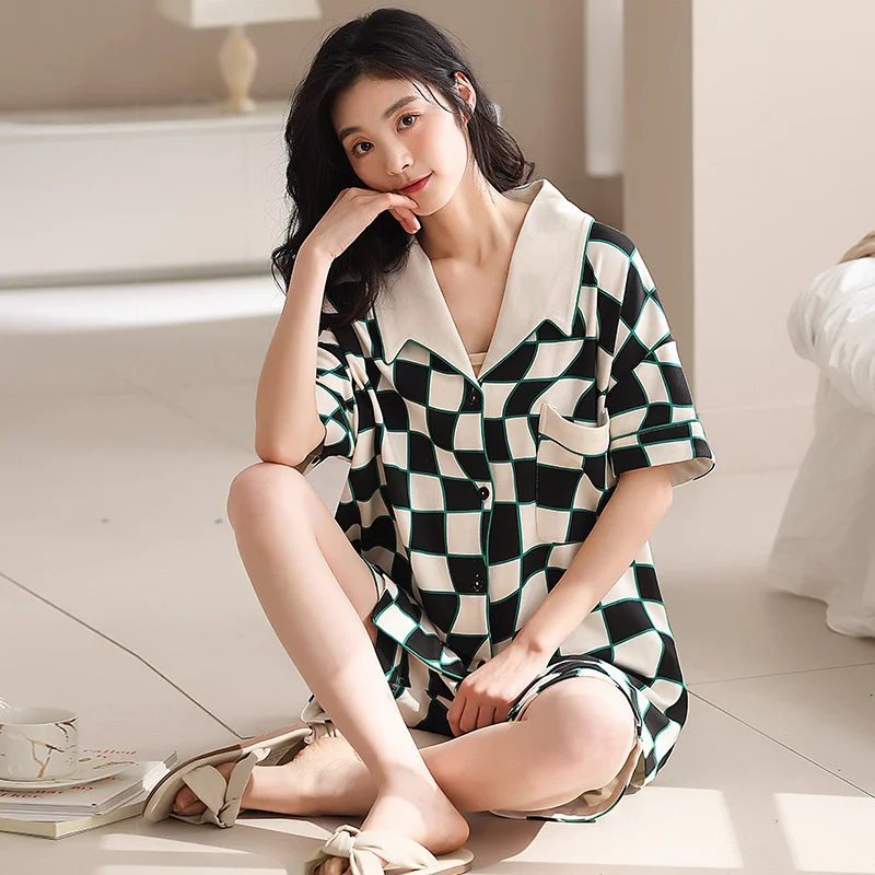 

New Style Ice Silk Pajamas For Women's Summer Thin Women's Casual Luxury Home Pyjamas Can Be Wear Two Piece Set Externally