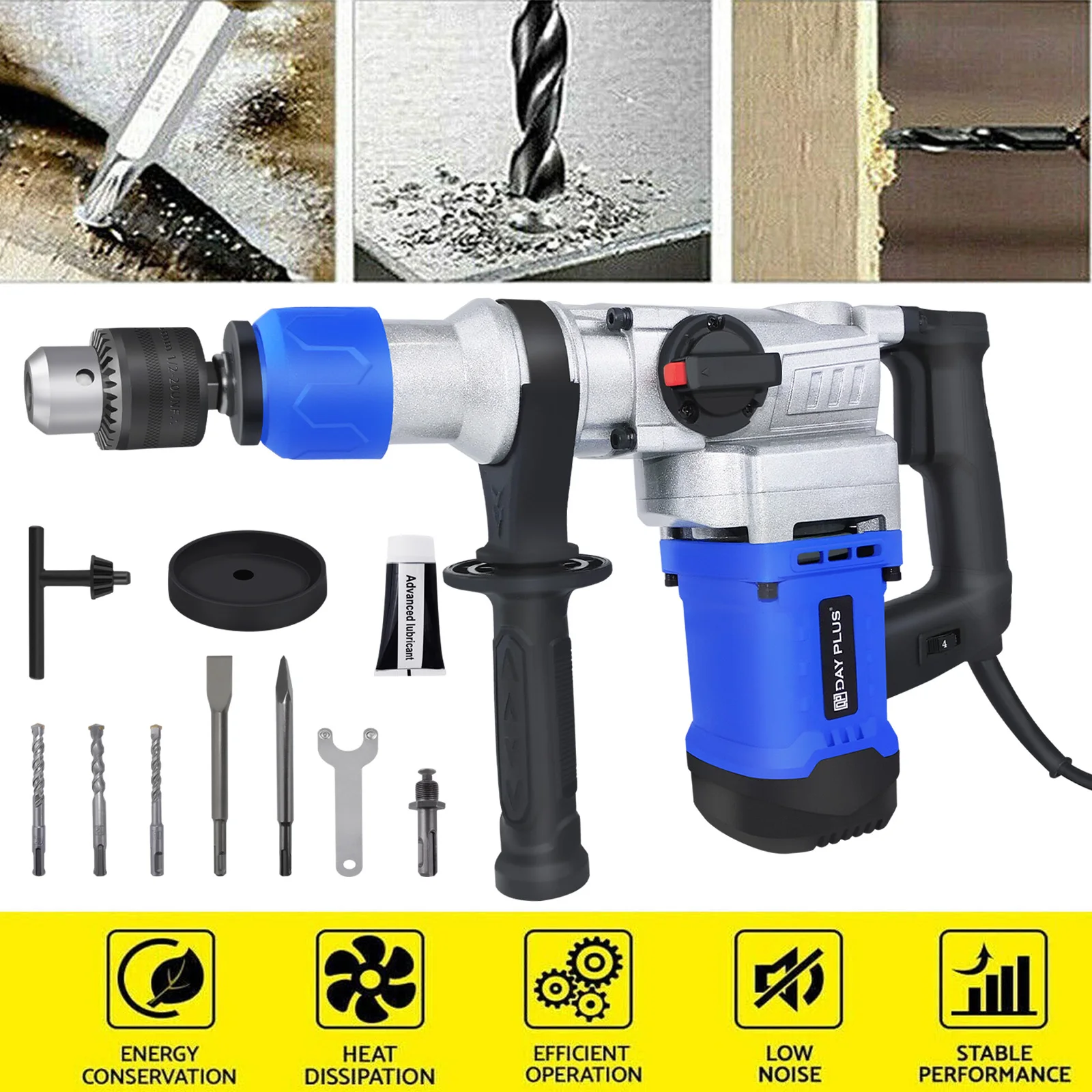 1500W Rotary Hammer Drill with 6 Adjustable Speed, 4 Function Electric Demolition Hammer SDS Plus Chisels and Drill Bits,Case