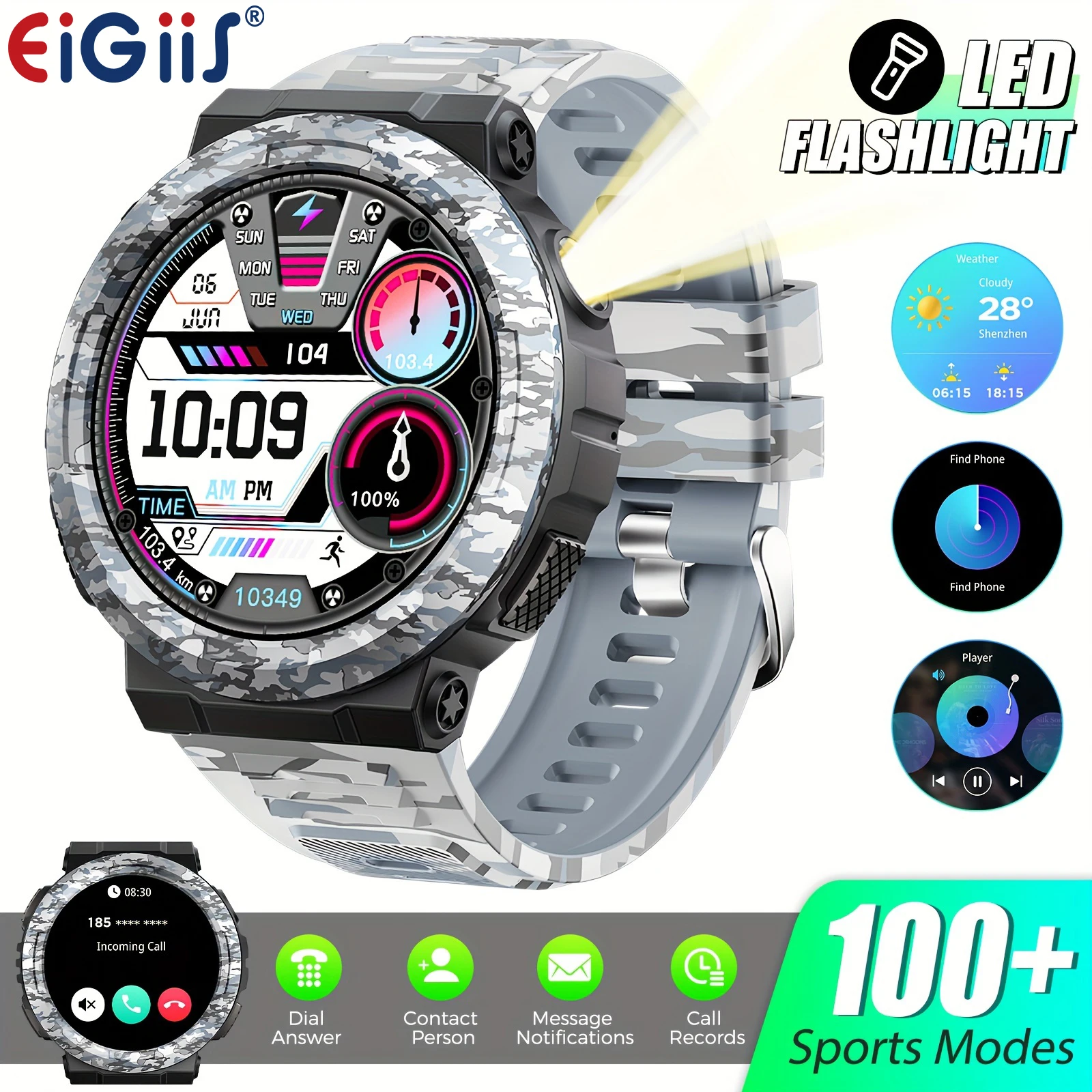 

EIGIIS Смарт-часы для мужчин, светодиодный фонарик, 1,53 дюйма, уличные тактические часы с 100 спортивными режимами, водонепроницаемый фитнес-трекер 3ATM