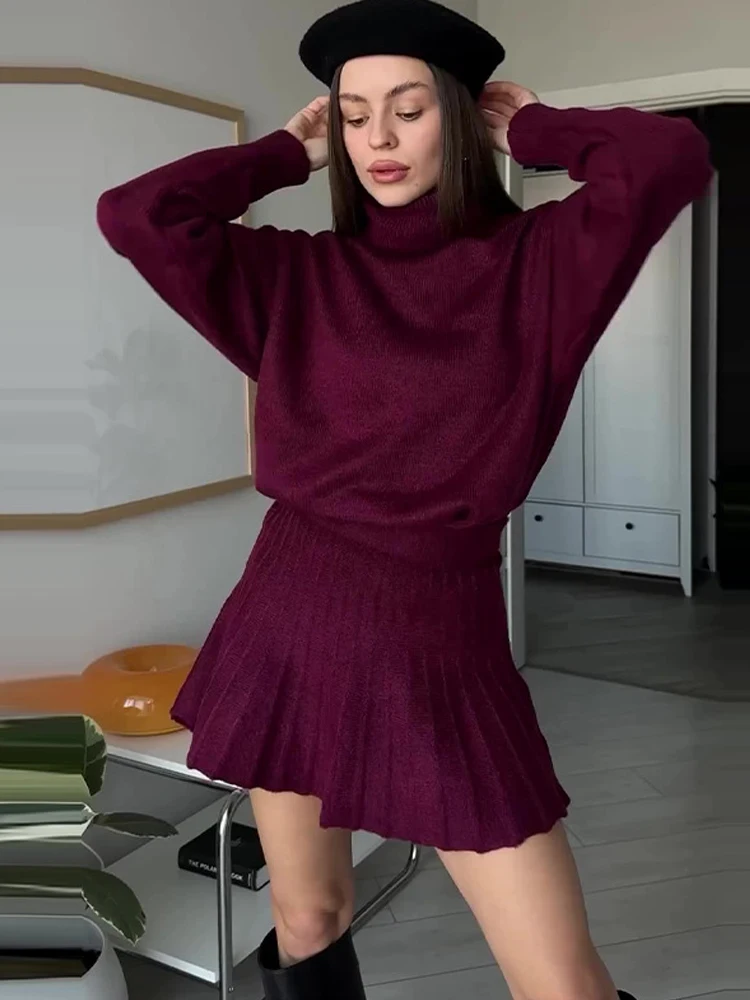 BKQU Knit Sweater Women's Set Autumn Winter Solid Turtleneck Long Sleeve Pullover Mini Pleated Skirts Casual Warm Two Pieces Set