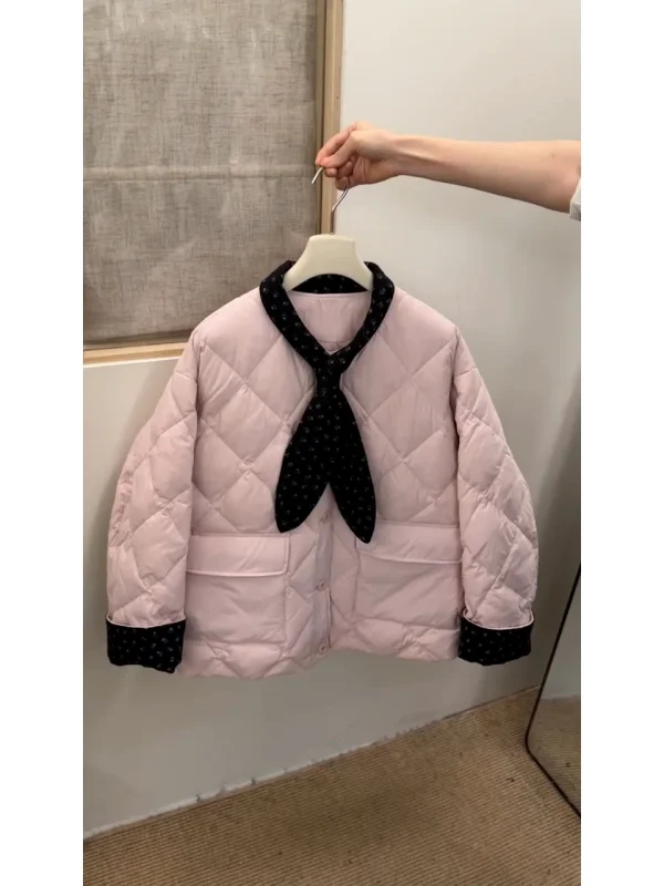 

Корейская розовая хлопковая куртка с цветочным пэчворком и ромбовидным узором, женское зимнее пальто нового дизайна, свободный крой