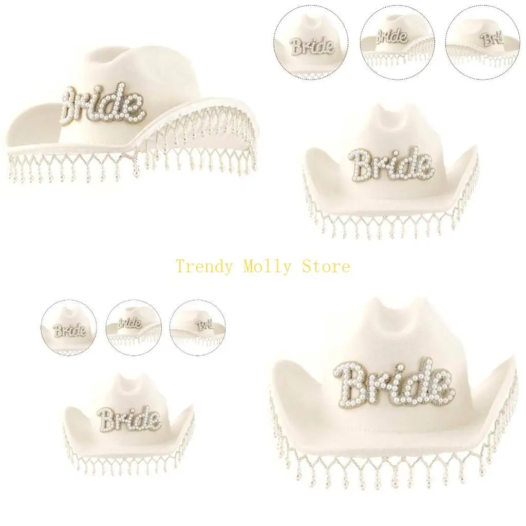 

N5KB Девичник Шляпа в стиле пастушки с бахромой и жемчугом Шляпа невесты для свадебного душа Шляпа Fedoras