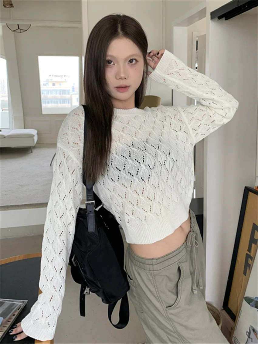 PLAMTEE Apricot Sweaters Solid Hollow Out New Slim Knitted 2023 Autumn Vintage OL Chic Sweet Full Sleeve Gentle Pullovers