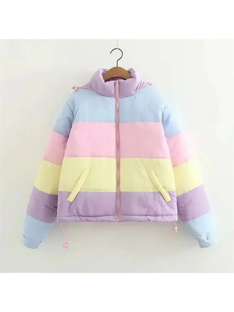 Women Winter Padded Puffer Rainbow Warm Jacket Rainbow Stripes Hooded Coat Drawstring Loose Full Zip Outerwear with Pockets