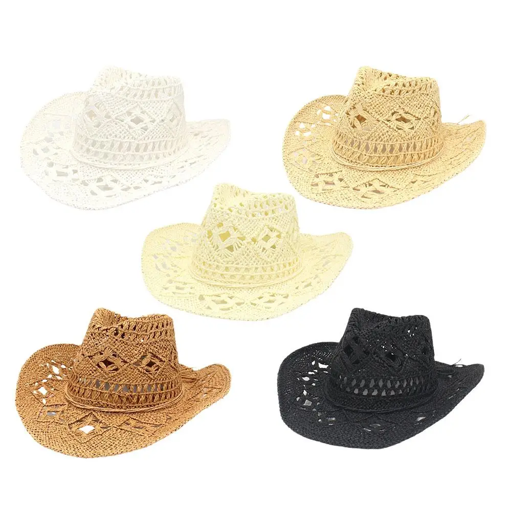 Summer Outdoor Men Women Hand-woven Western Cowboy Paper Straw Hats Wide Brim Breathable Beach Jazz Cap Sun Protection Hat