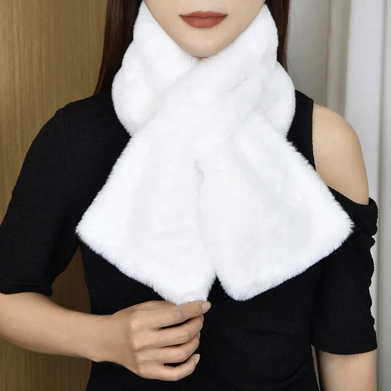 Korean Solid Color Women\'s Faux Rabbit Fur Collar Thicken Neck Protection Cross Plush Shawl Female Winter Outdoor Warm Scarf T41