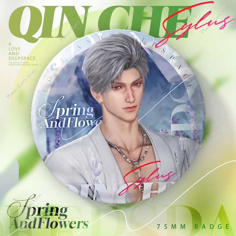 Love and Deepspace Sylus Rafayel Zayne Xavier Caleb Anime Primavera e fiori Spilla con emblema distintivo rotondo da 75 mm Invia carta da collezione