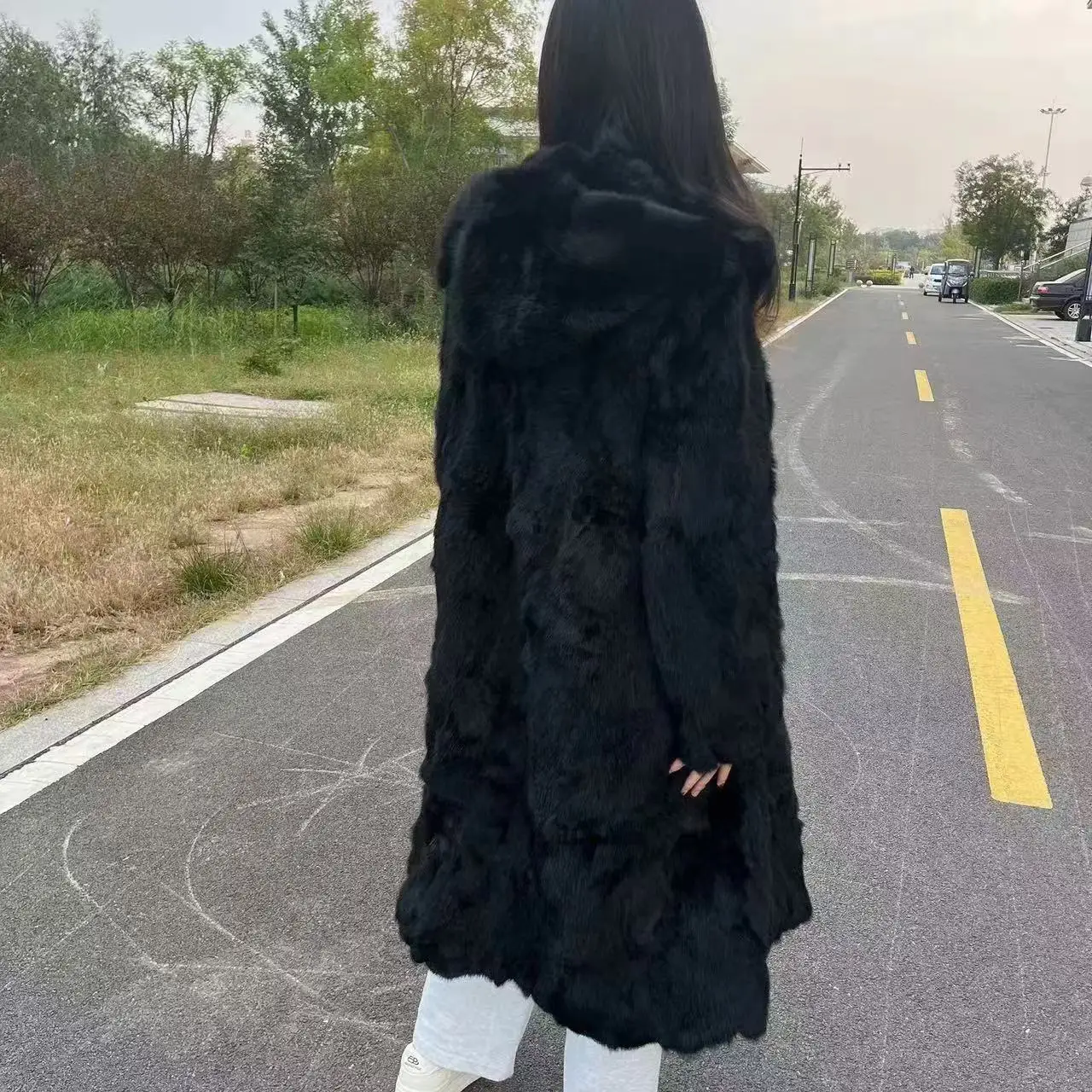 Real Rex Rabbit Fur Coat for Women,High Quality Jackets,Covered Button Overcoat,Hooded,Thick Warm,Female Clothing,New, Winter