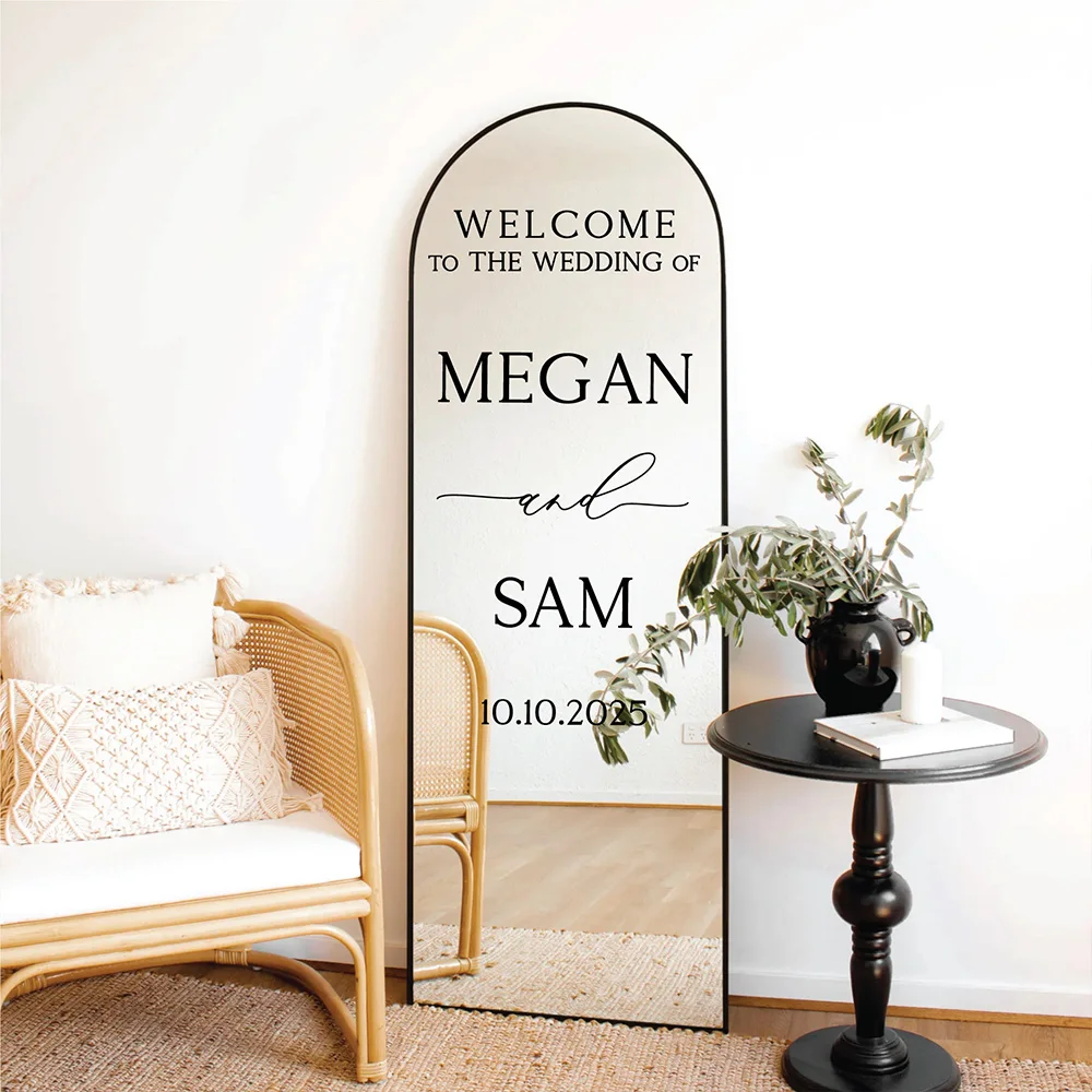 Personalized Mirror Decal Wedding Sign Stickers Decor Welcome To The Wedding Mirror Vinyl Decal Custom Mrs Mr Name Initias Texts