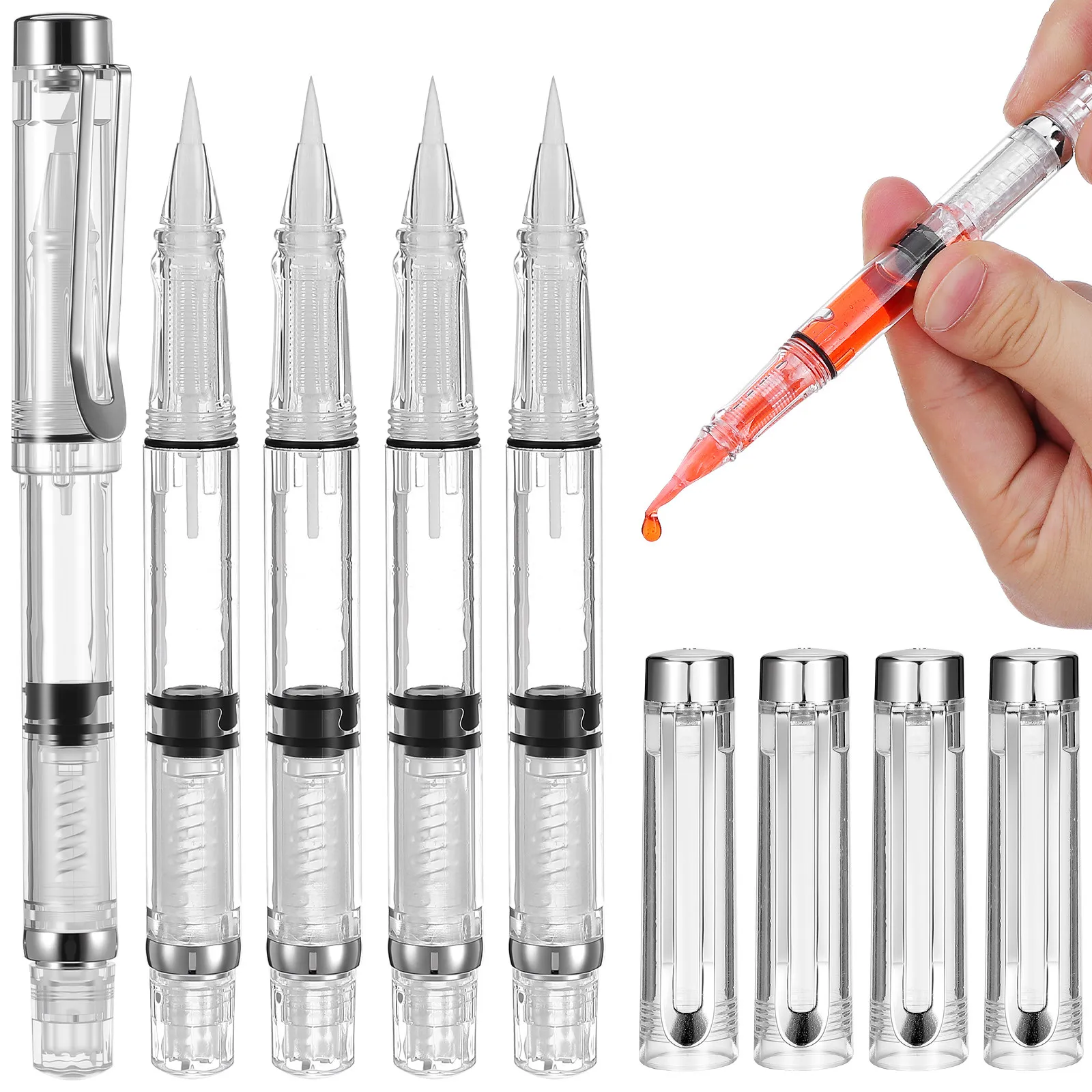 

5Pcs Calligraphy Brush Pens Refillable Transparent Body Watercolor Calligraphy Drawing Painting Brush Pen Refillable Ink Pens