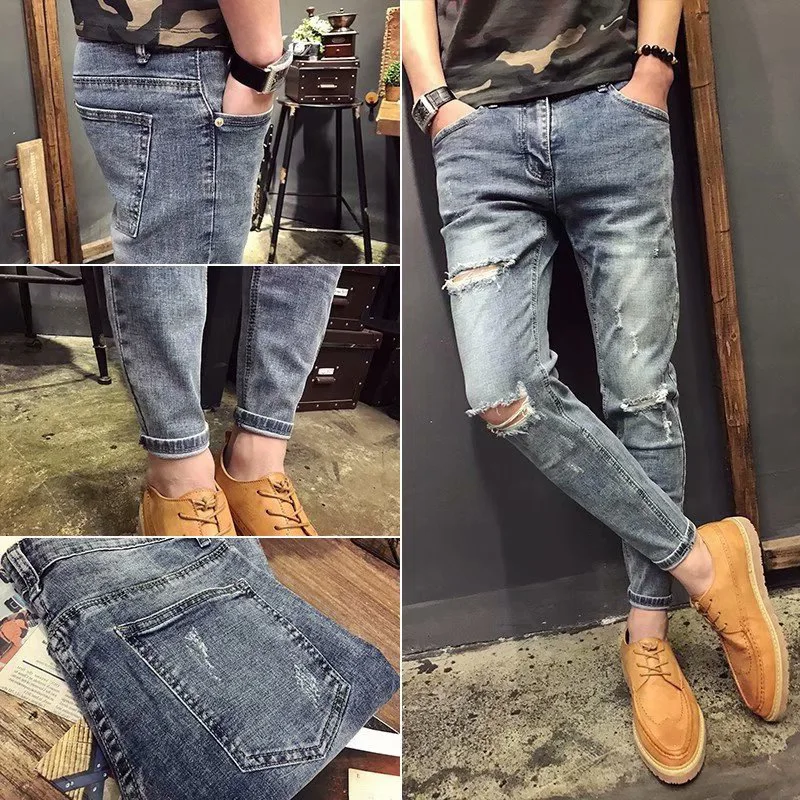 

Wholesale 2022 Teenagers Denim Jeans Men's Trendy Brand Cropped Pants Korean Hole Social Guy Harem Slim Trendy Pencil Pants