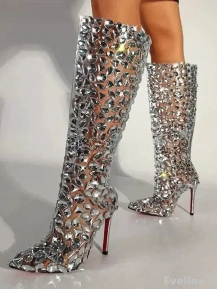 Luxe Strass Transparante Kniehoge Hakken Vrouwen Puntschoen Naaldhak Slip Op Laarzen 2025, Nieuwe Fashion Design Sandalen - afbeelding 2