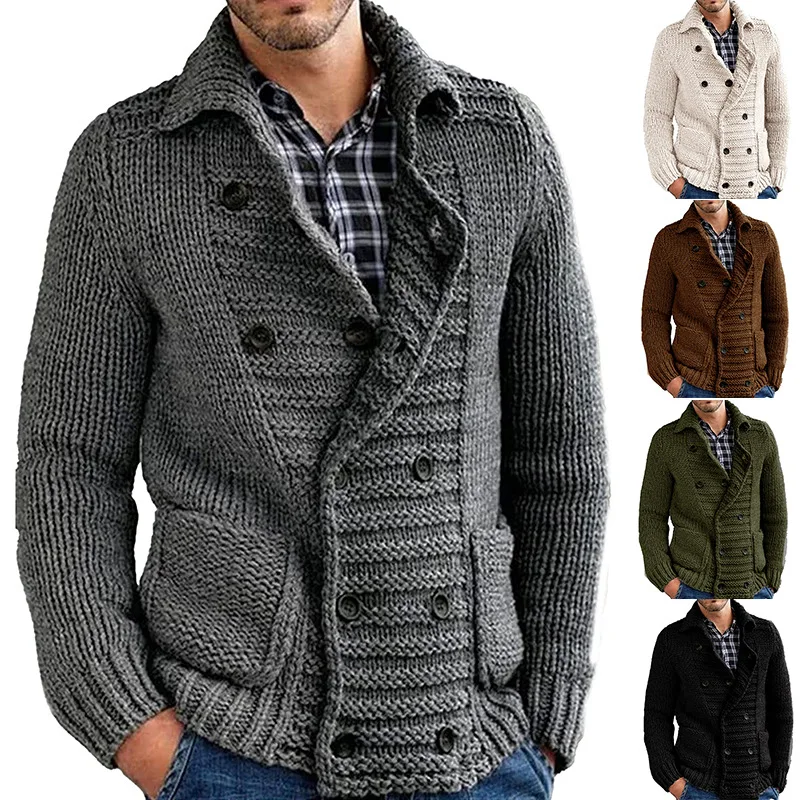 

Nice European and American autumn and winter men's sweater cardigan solid color Lapel long sleeve knitted jacket