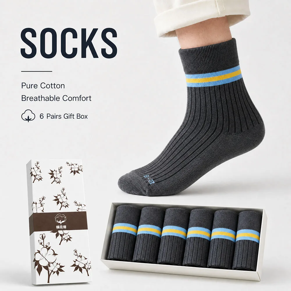 

6 Pairs Mens Striped Athletic Crew Socks Breathable Cushioned Running Sports Socks Moisture Wicking Non Slip Casual Mid Calf