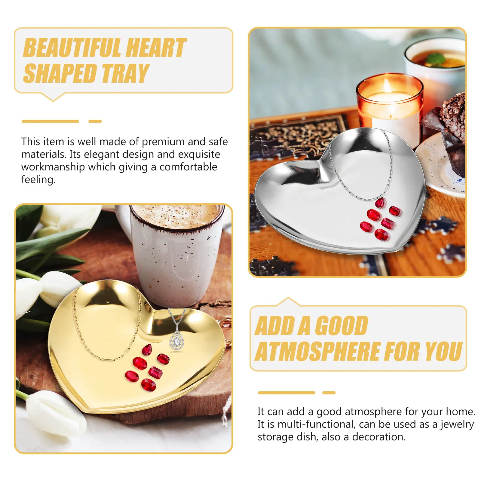 

2Pcs Heart-Shaped Stainless Steel Jewelry Tray Jewelry Holder Decorative Storage Tray Ring Earring Plate Desktop Organizer