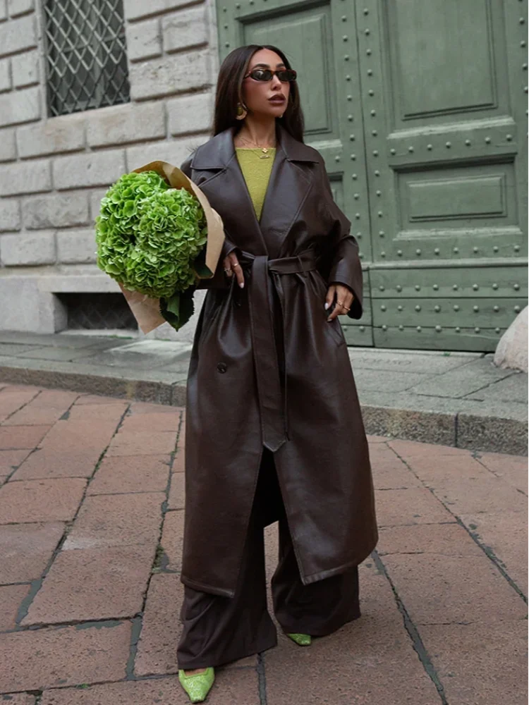 المرأة شيك الدانتيل يصل معطف جلد عادية التلبيب الخصر Cinching واحدة الصدر سترات طويلة موضة 2025 سيدة التنقل اليومي أبلى