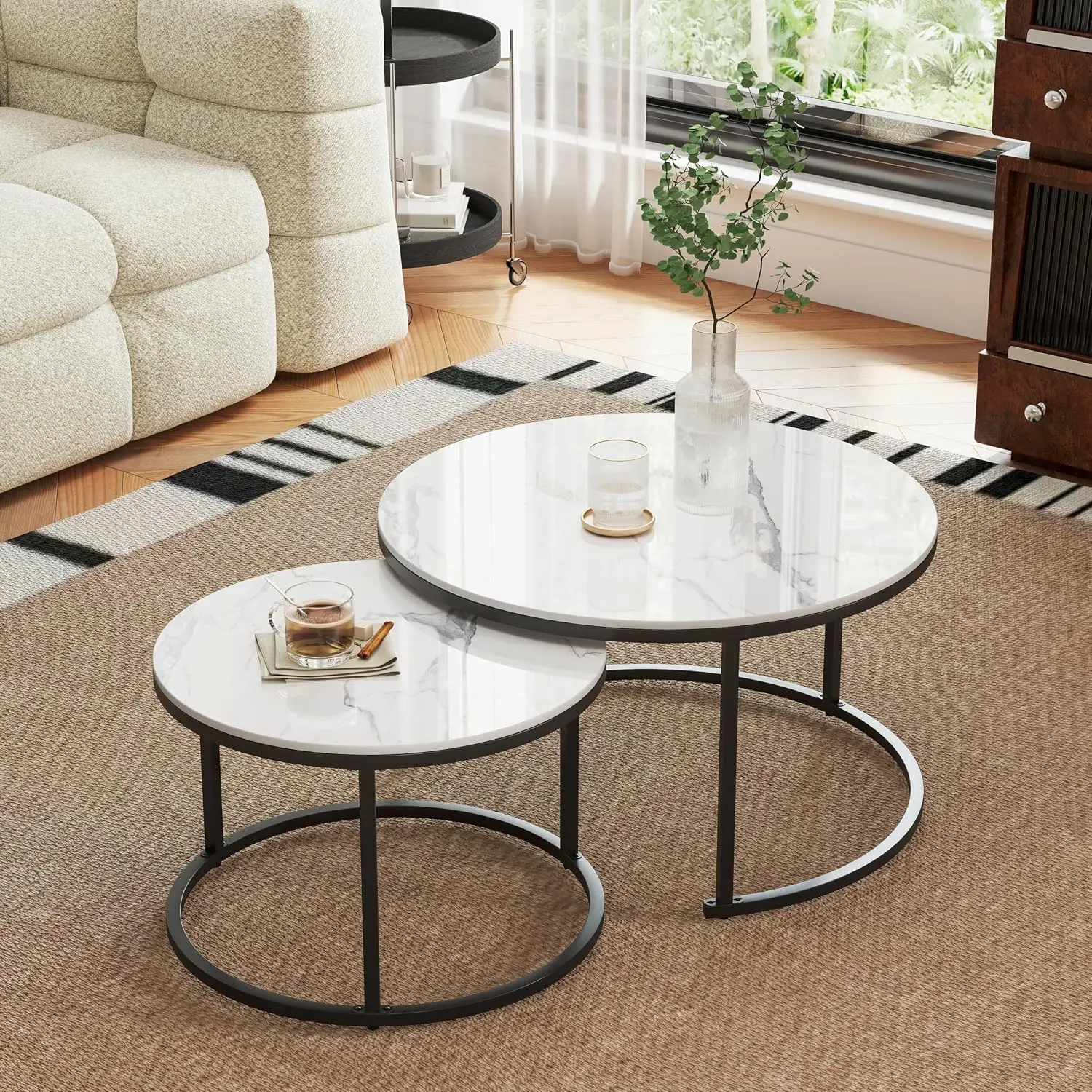 Round Nesting Coffee Table, White Modern Decorative Coffee Center Table Set of 2,Round Sintered Stone 24'' Coffee Table for Livi