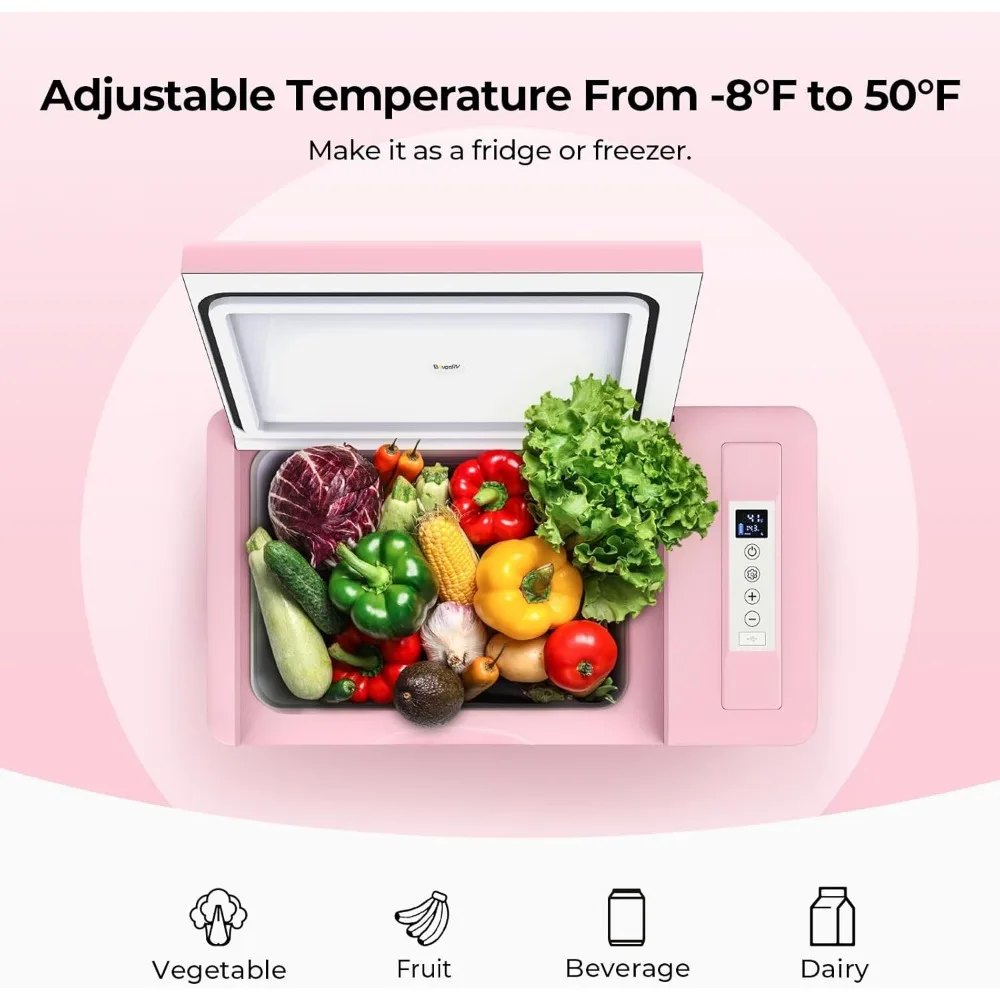 Pink 23Quart Portable Refrigerator, 12 Volt Fridge 22L, Portable Freezer Compressor Cooler 12/24V DC 110~240 Volt AC