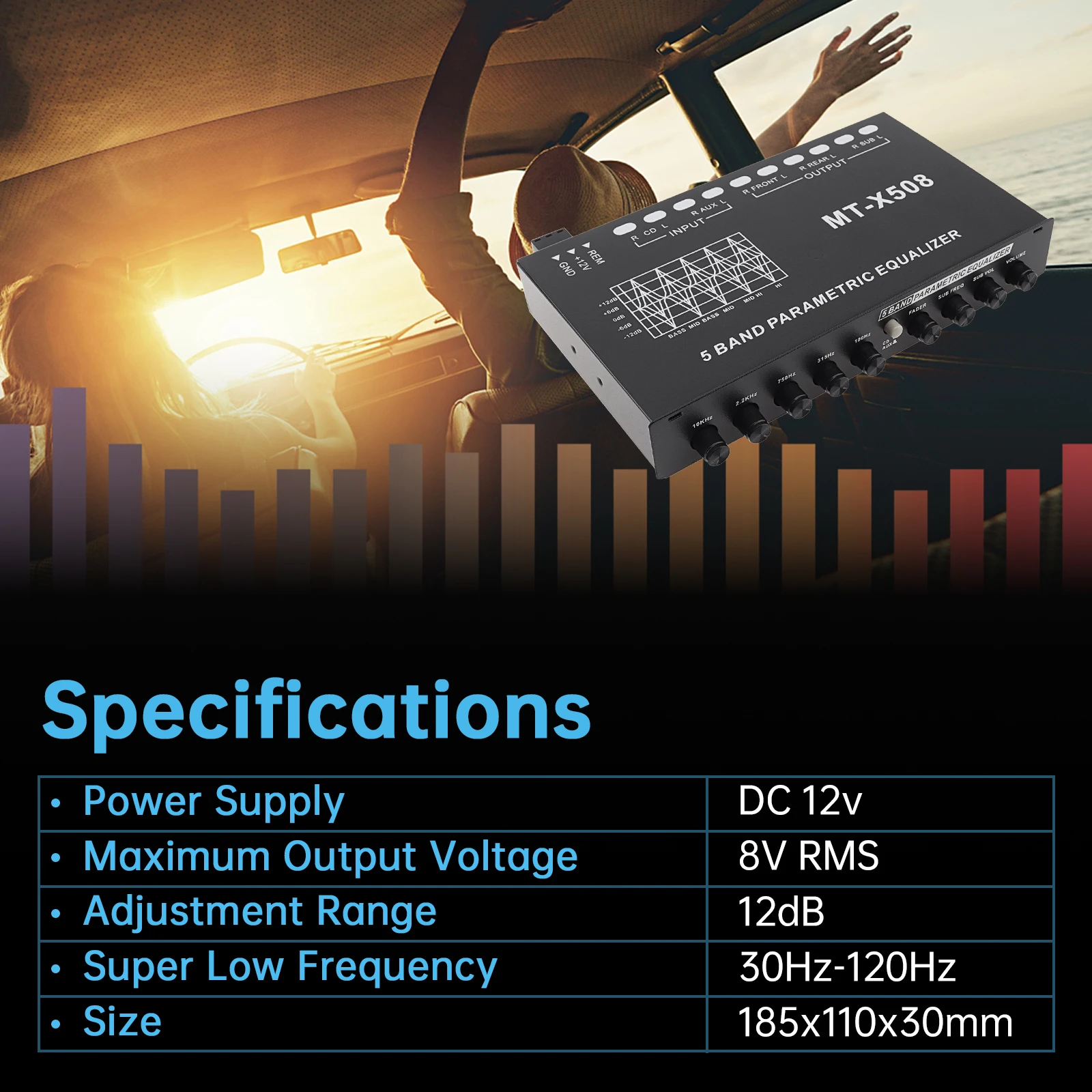 5-Band Noise Reduction DSP Car Audio Equalizer with Independent Subwoofer Output, 8V RMS Frequency Divider