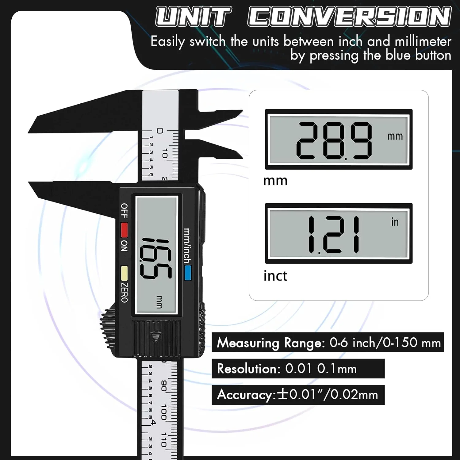 Digital Calipers 0-6' Electronic LCD Measuring Tool Inch/MM Conversion Auto Shutdown for DIY Jewelry, Black Plastic