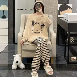 Nuevo pijama de perro Sanrio Pacha, pantalones de manga larga de algodón de otoño, conjunto informal de dos piezas, pijamas para mujer, conjunto de pijamas para el hogar