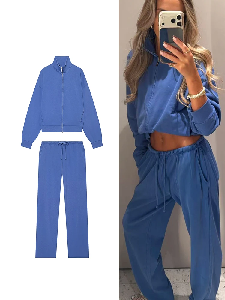 TFMLN Modische Damen-Hosenanzüge mit Stehkragen, Reißverschluss, Langarm-Jacke, Schnürung, Gerade Hose, Neues Herbst-Set für Damen