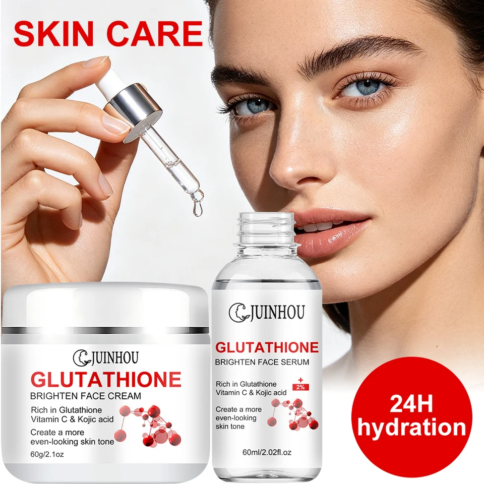 JUINHOU Glutathione Vitamin C Brighten Face Cream and Serum Set Even Skin Tone Niacinamide Anti-Oxidation Radiant Glow Skin