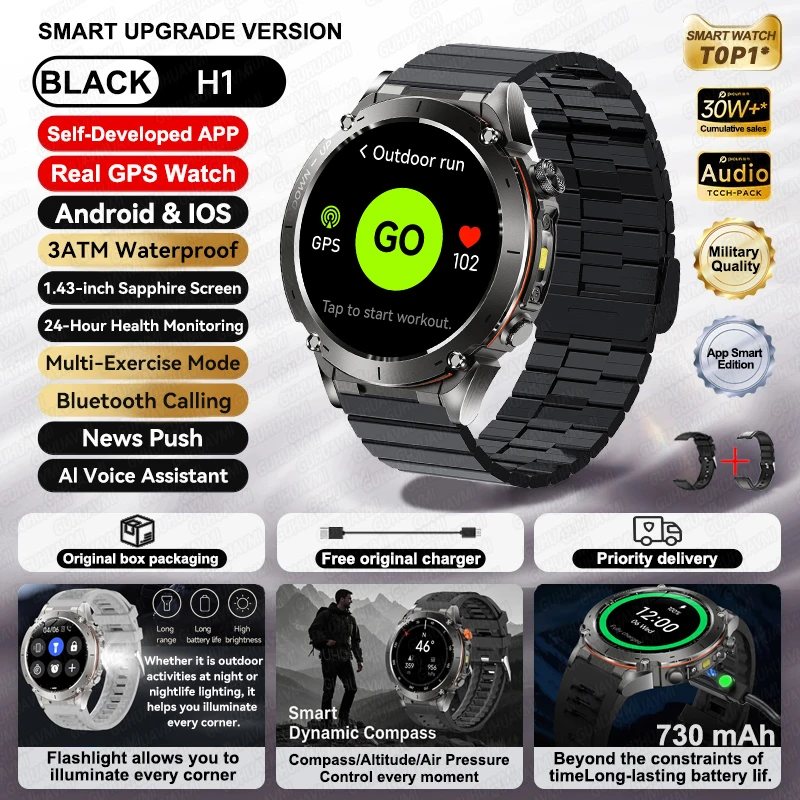 GUHUAVMI 2026 Neue GPS-Smartwatches, 10 ATM wasserdicht, integrierter Dualband-GNSS-Kompass, Militär, Sport, Herren, SWIM-Smartwatch für Android IOS 4