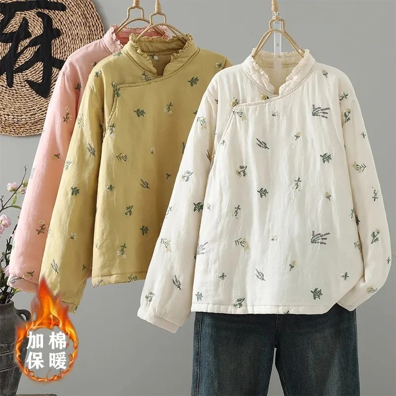 

Хлопковая куртка в китайском стиле с наклонным воротником и вышивкой-стойкой для женщин, осень-зима, легкий стеганый топ из рами w1651