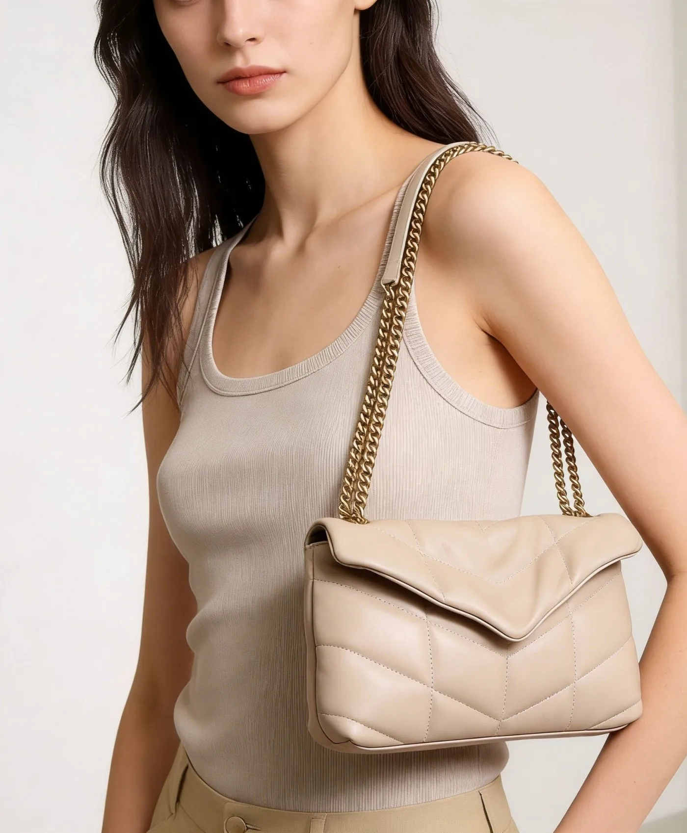 

Beige Quilted Chain Envelope Bag for Women, Minimalist Shoulder Purse, Soft Padded Crossbody Handbag with Thick Chain Strap