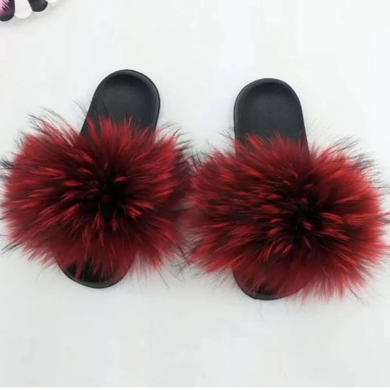 Real Raccoon Fur Slides For Women Home Fluffy Slippers Outdoor Non-Slip Wear-Resistant Flat Sandals Casual Beach Shoes