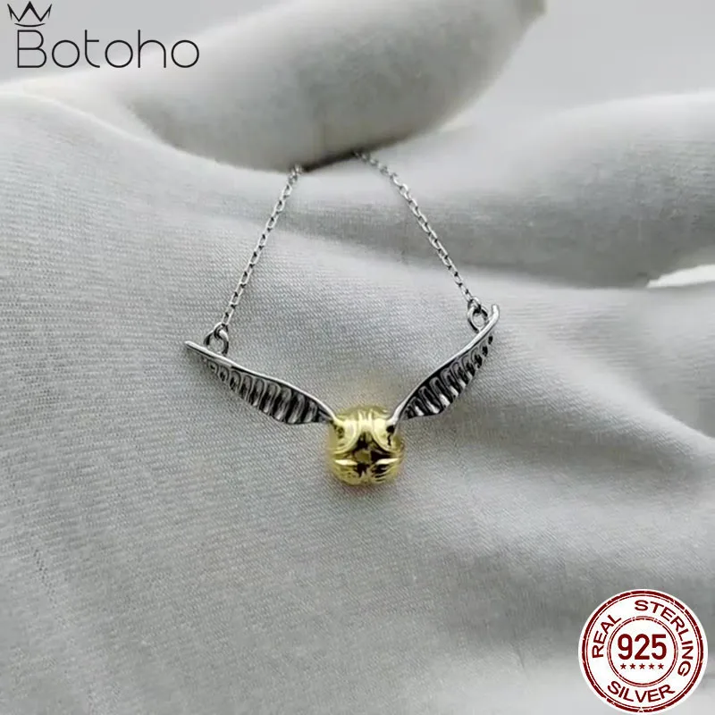 

100% 925 Pure Silver Golden Snitch Pendant Necklace The Deathly Hallows Wing Charm Quidditch Gold Color Snitch Necklace