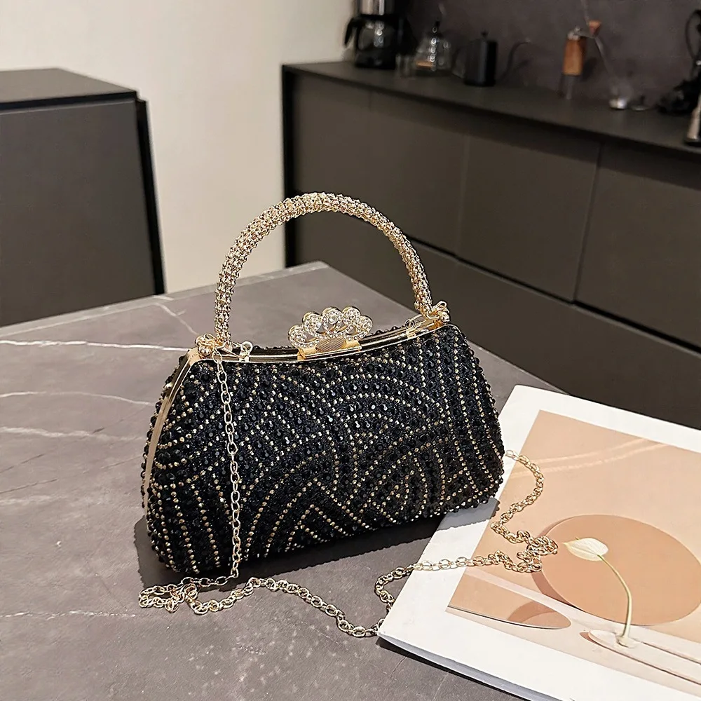 حقيبة سهرة نسائية جديدة من الكريستال الذهبي لعام 2025، محفظة أنيقة بمقبض من حجر الراين، حقيبة يد فاخرة لامعة للحفلات والولائم
