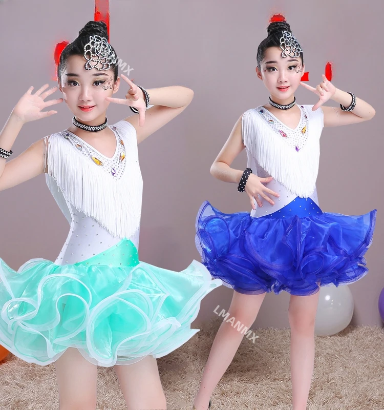 Nuevo vestido de baile latino para niños, vestido con flecos y diamantes brillantes, grado de competición, práctica de baile latino para niños