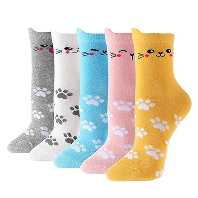 5 Pair/Lot Cute Cartoon Cat Women's Socks 3D Ears Fashion Long Middle Tube Socks Cozy Warm Ankle High Daily Casual Women Socks