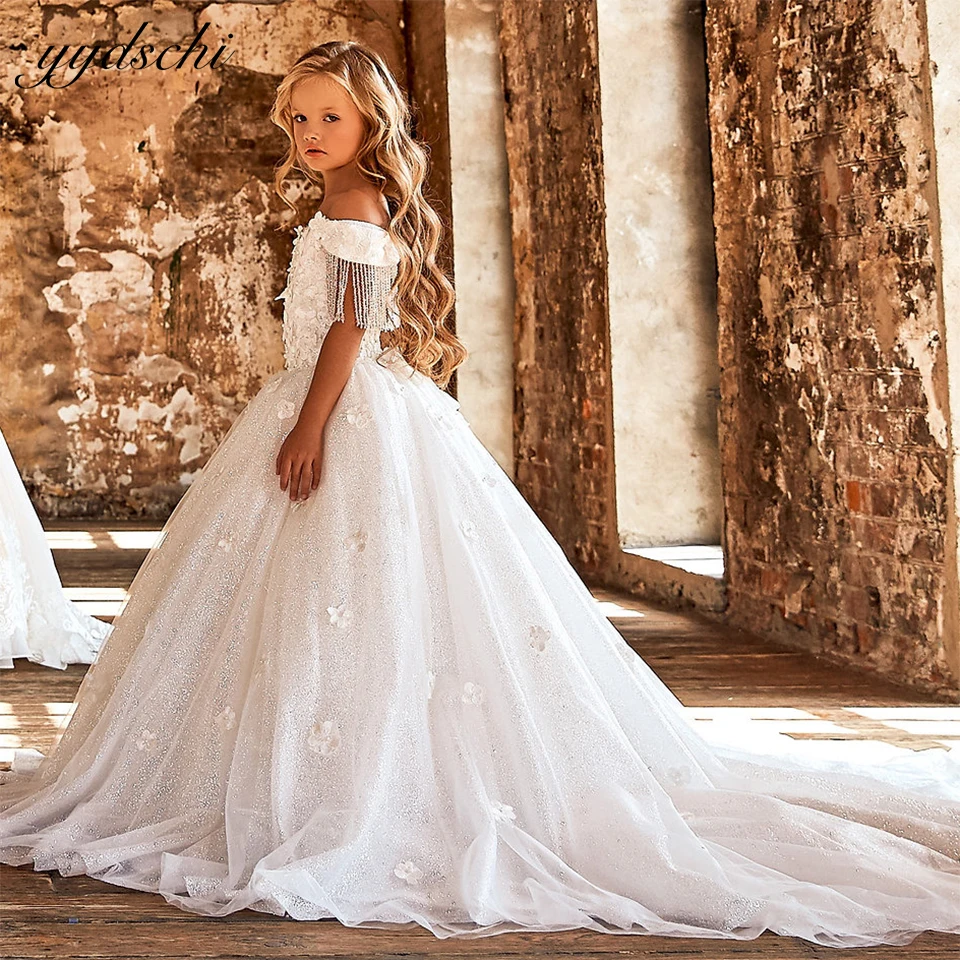 

Luxury Princess Off Shoulder Tassel Beading Ball Gown Flower Girl Dress 2024 Pageant Birthday Party Baptism First Communion Gown