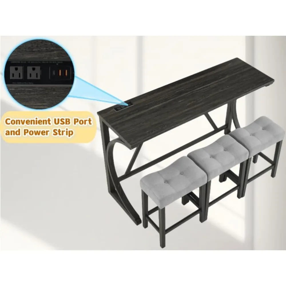 Elegante eetset in boerderijstijl op toonbankhoogte - Houten tafel met ingebouwd stopcontact en 3 comfortabele gestoffeerde krukken