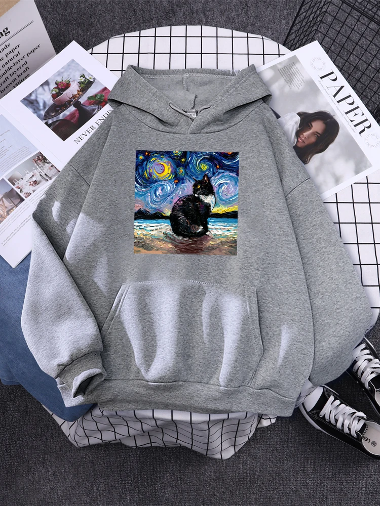 Mona Lisa Hugging Cat Lovely Cute Pattern Hoodie Female Casual Street Pullover Autumn Oversized Sweatshirt Fleece Pocket Clothes