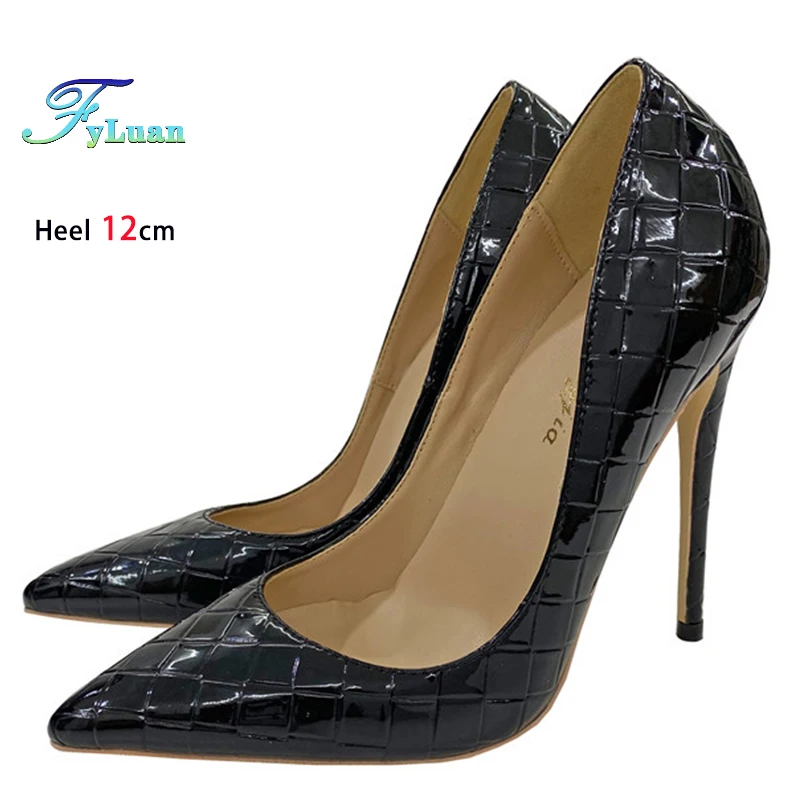 Black Crocodile Effect Women Pumps Pointy Elegant Sexy High Heel 8 10 12CM Shoes Color Versatile Chic Ladies Stiletto Plus Size