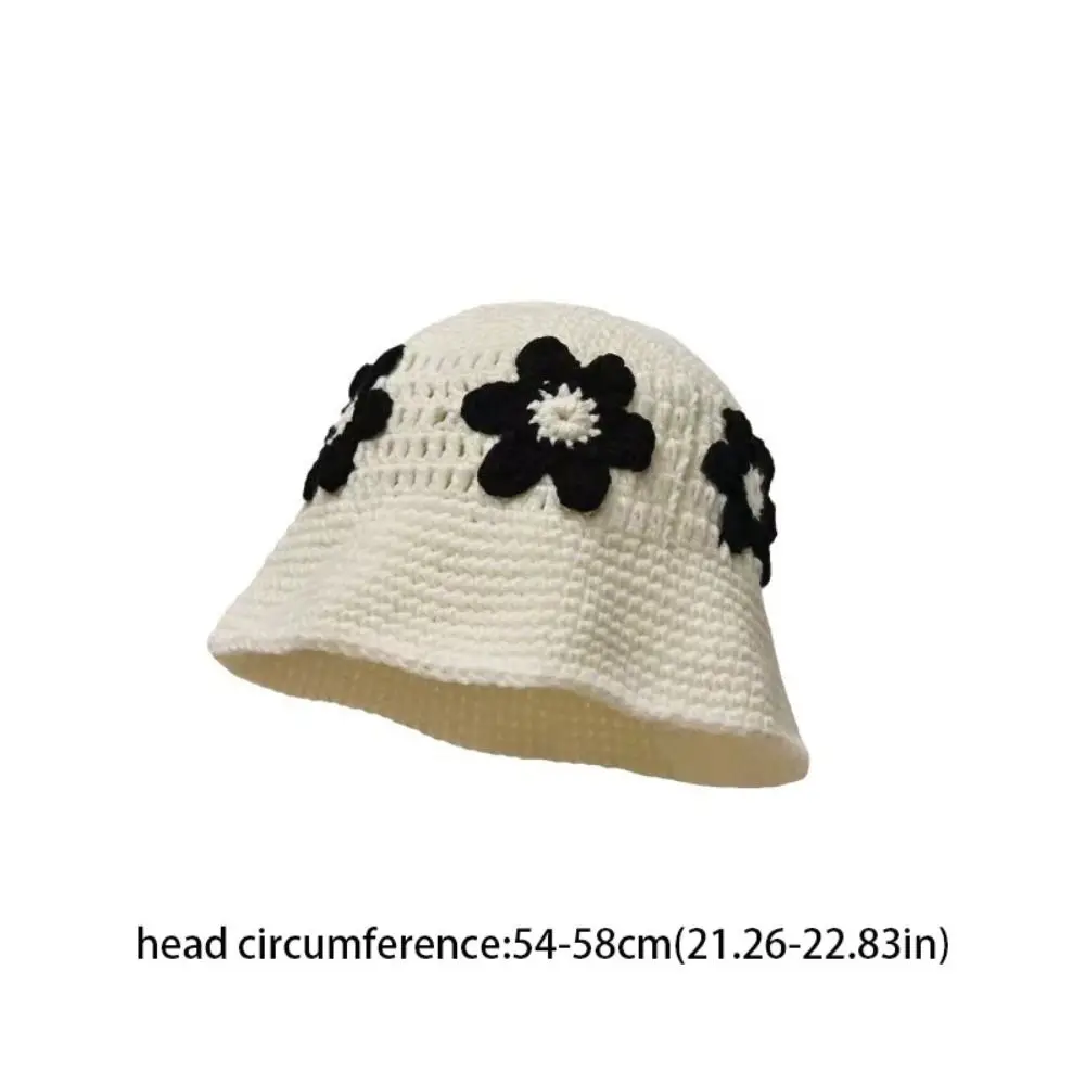 Gorro tejido con flores de ganchillo hecho a mano para mujer, sombrero de cubo de estilo coreano dulce, sombrero de pescador bonito, accesorios de ropa