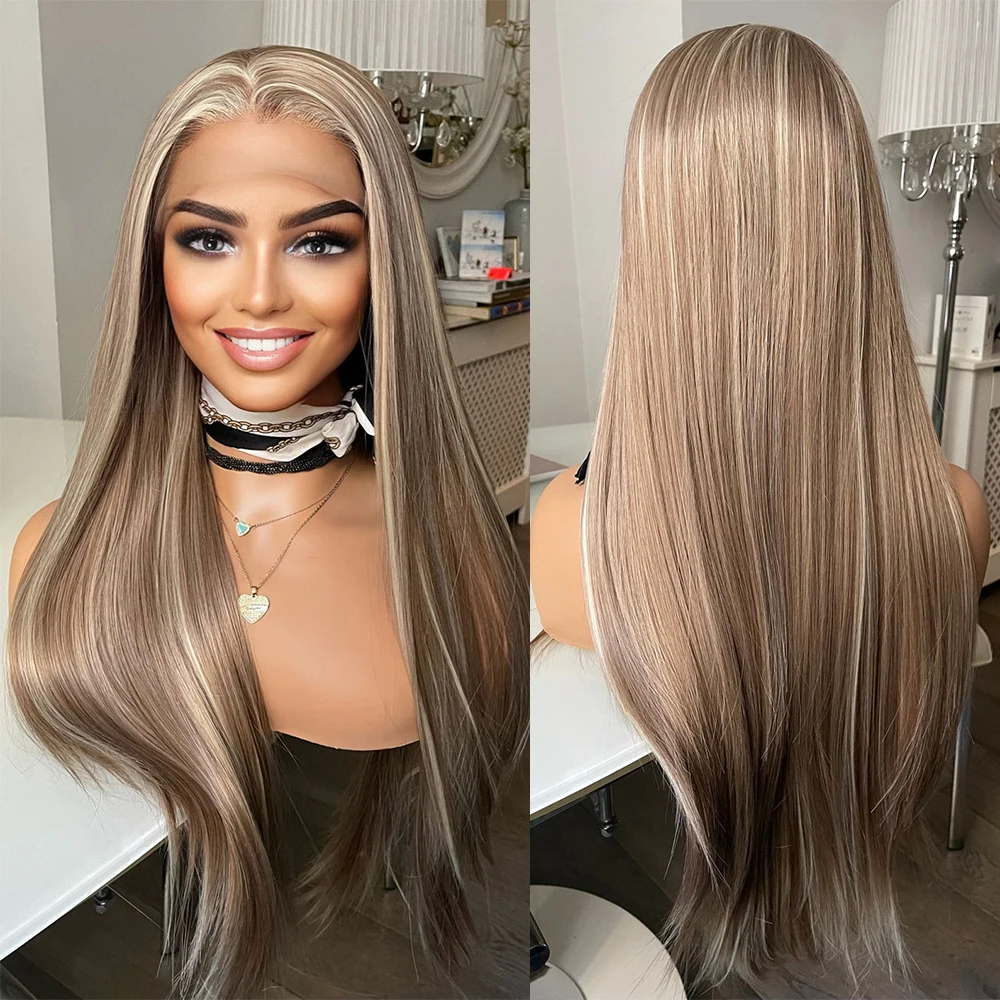 Bronze Brown Wig With Blonde Highlights Heat Resistant Synthetic Long Silky Straight Lace Front Wigs Beginner Friendly Wigs